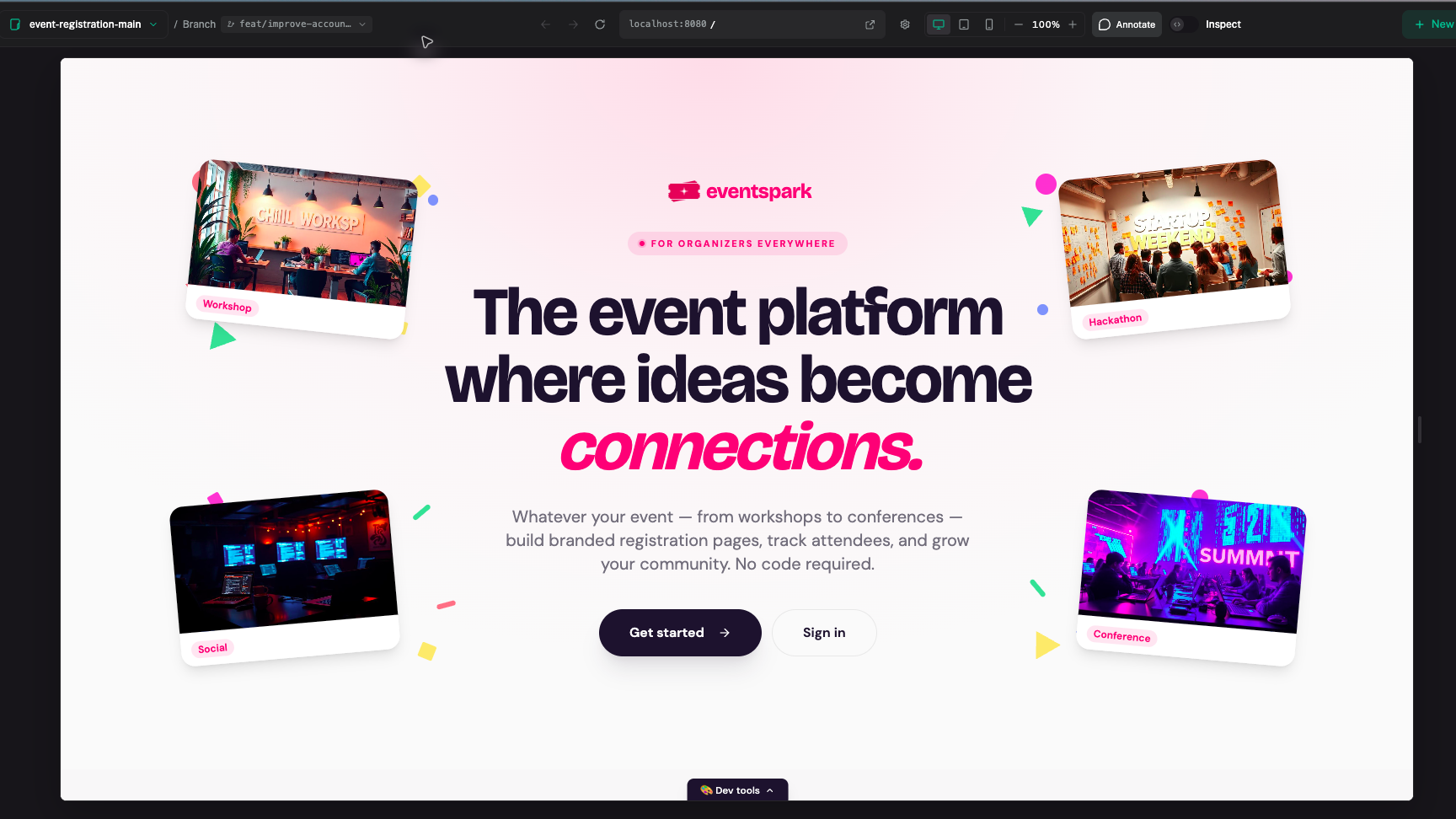 The event-registration-main project runs in Preview App, with Annotate and Inspect controls above the rendered event site.
