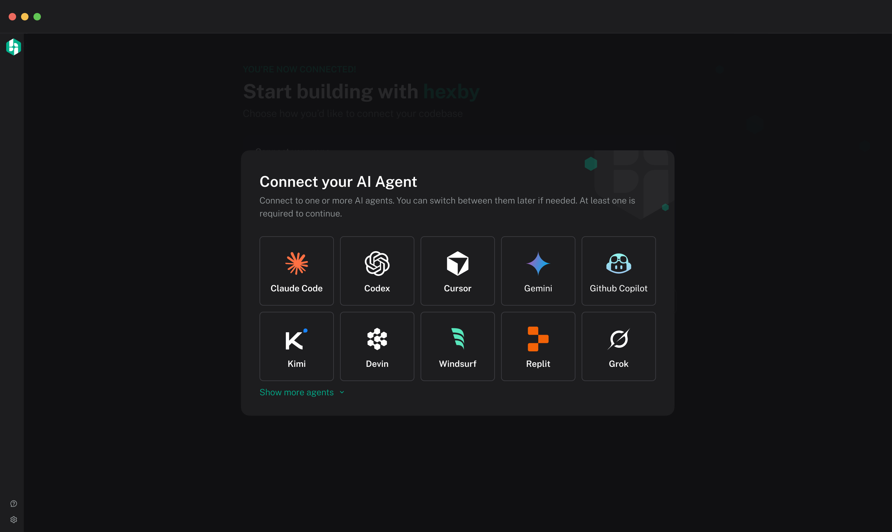 Hexby agent picker with Claude Code, Codex, Cursor, and other coding agents