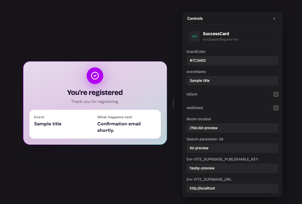 Component View shows a SuccessCard preview beside controls for its brand color, event name, and waitlist state.