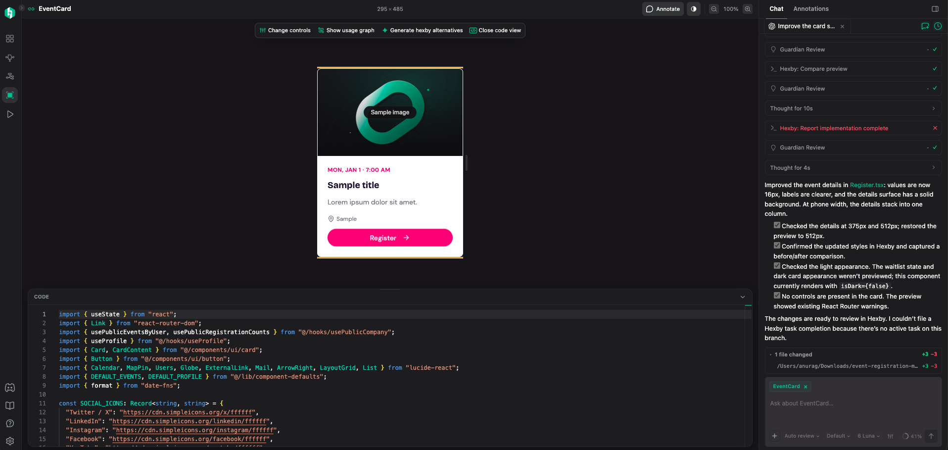 Component View shows an isolated EventCard preview with annotate and component actions, alongside chat and source code.