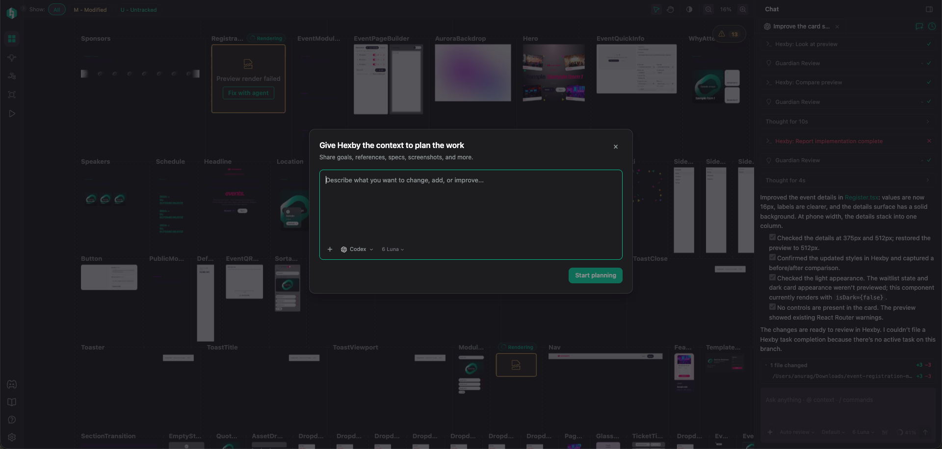 The task creation dialog asks for goals, references, specifications, and screenshots, with agent and model selectors and a Start planning button.