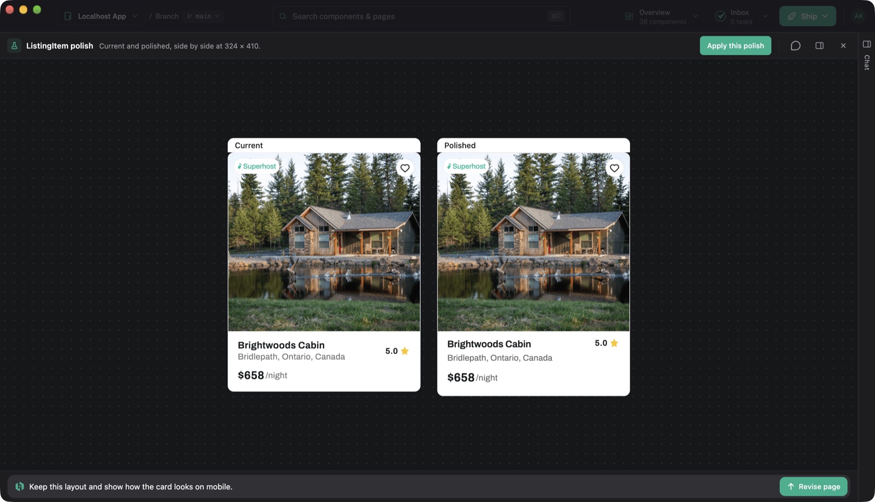 The ListingItem comparison with chat collapsed and a revision question beside the Revise page button beneath the preview.