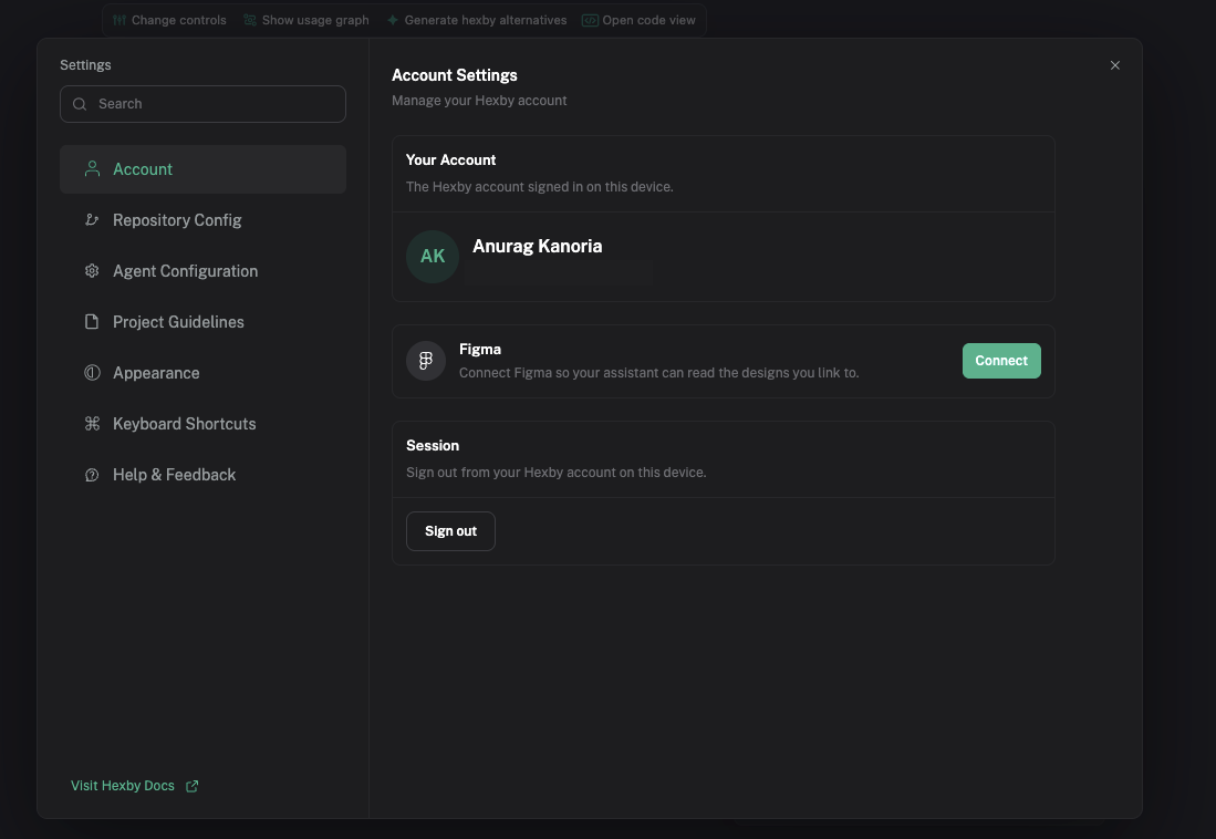 Hexby Account Settings with the Figma connection card and Connect button.