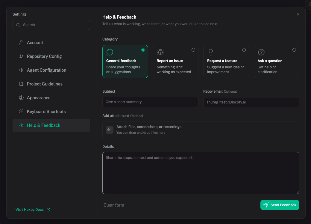 Hexby Help & Feedback form with categories for general feedback, issues, feature requests, and questions, plus fields for a subject, reply email, attachments, and details.