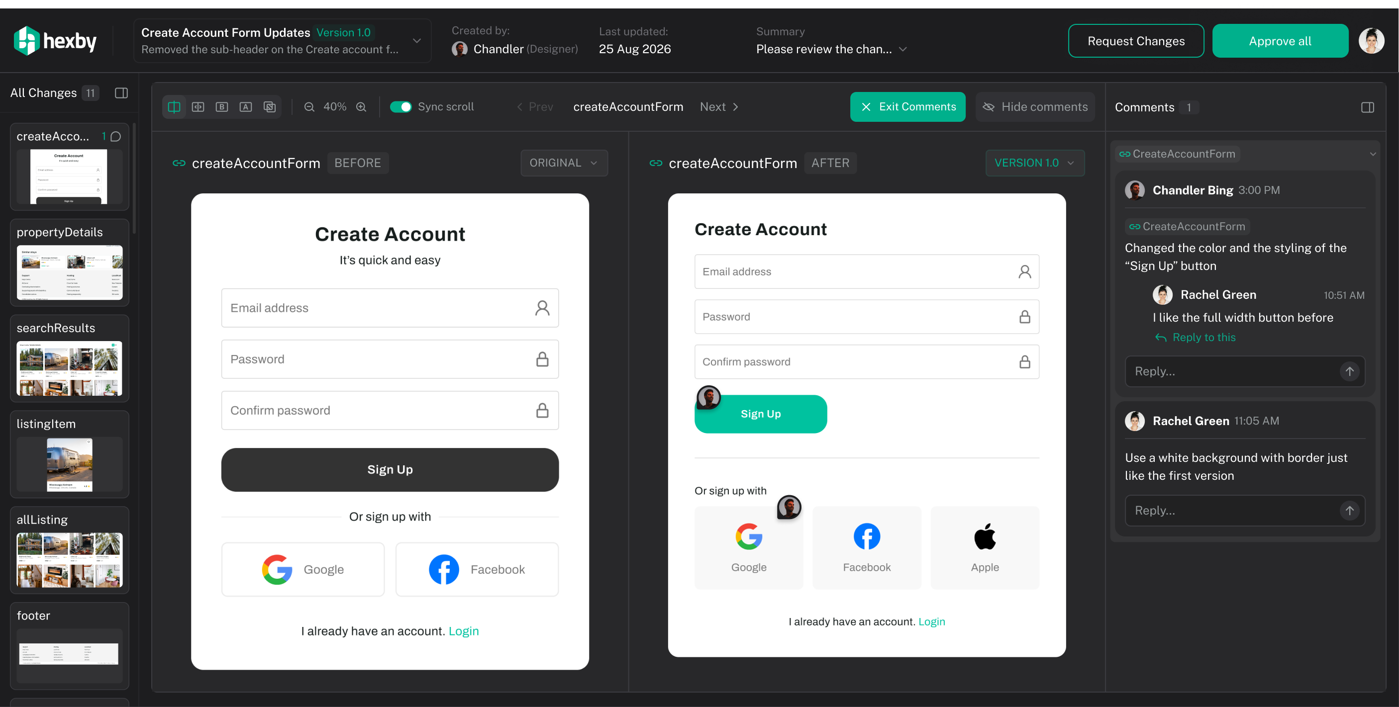 Hexby Review Changes showing original and updated UI side by side with teammate comments and approval controls