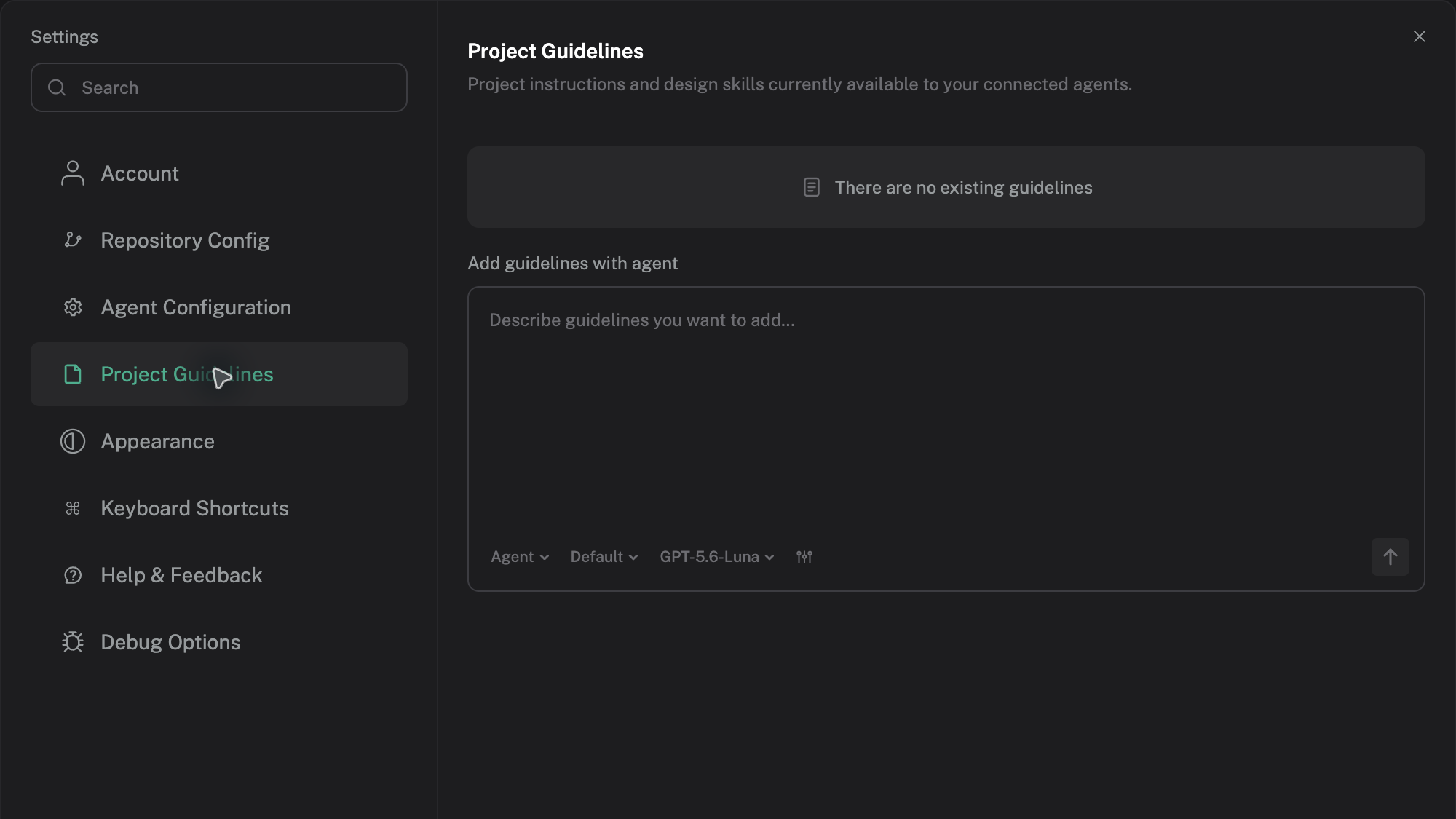 Project Guidelines is open in Settings, with the option to ask an assistant to add a rule.