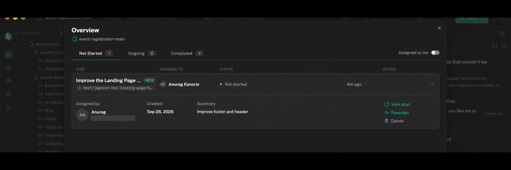 Overview shows tasks by status and an expanded task with View plan, Reassign, and Delete actions. The email address is masked.
