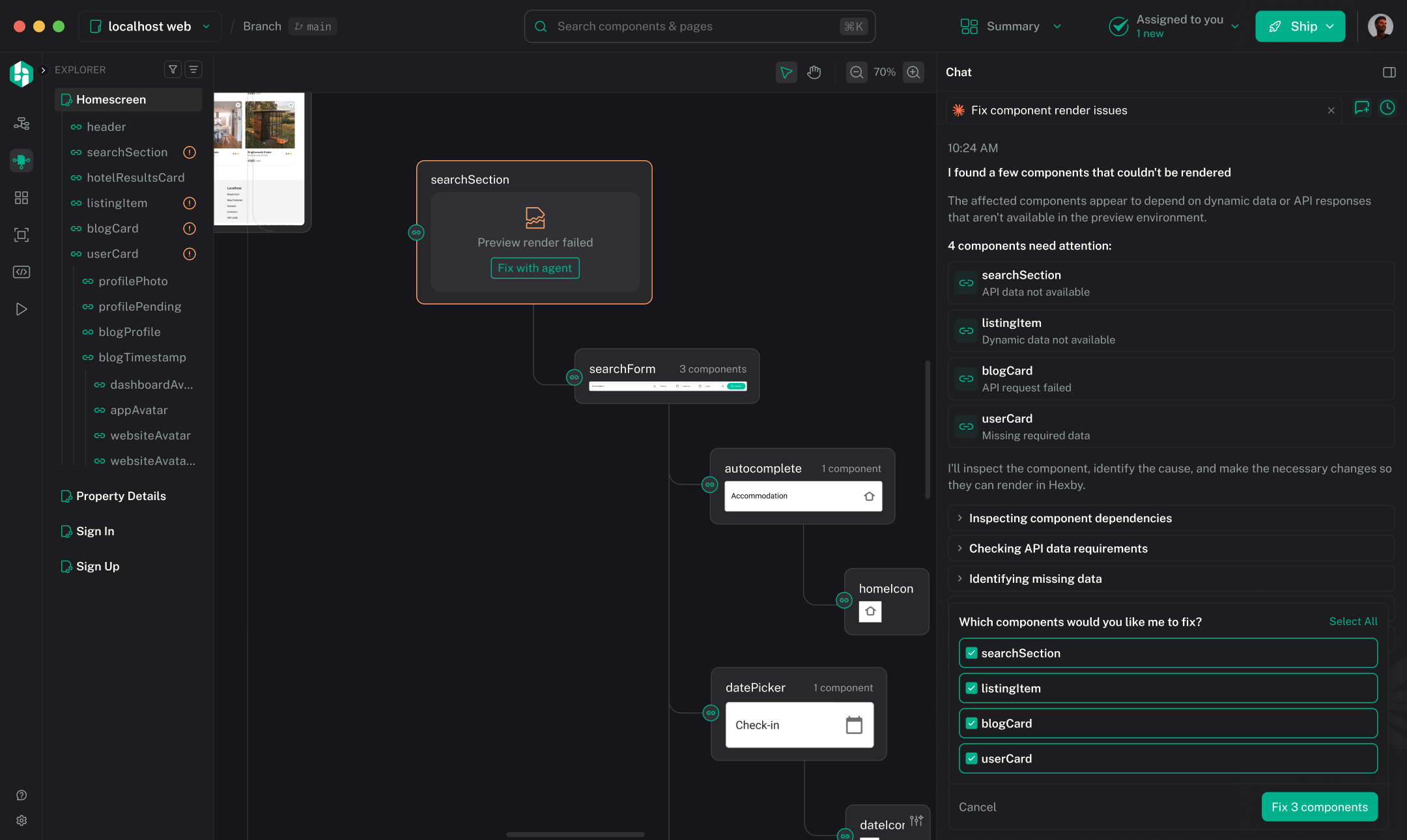 The Hexby chat panel open on the Pages view: the agent reports components that failed to render, lists searchSection, listingItem, blogCard and userCard, and offers a Fix 3 components action.