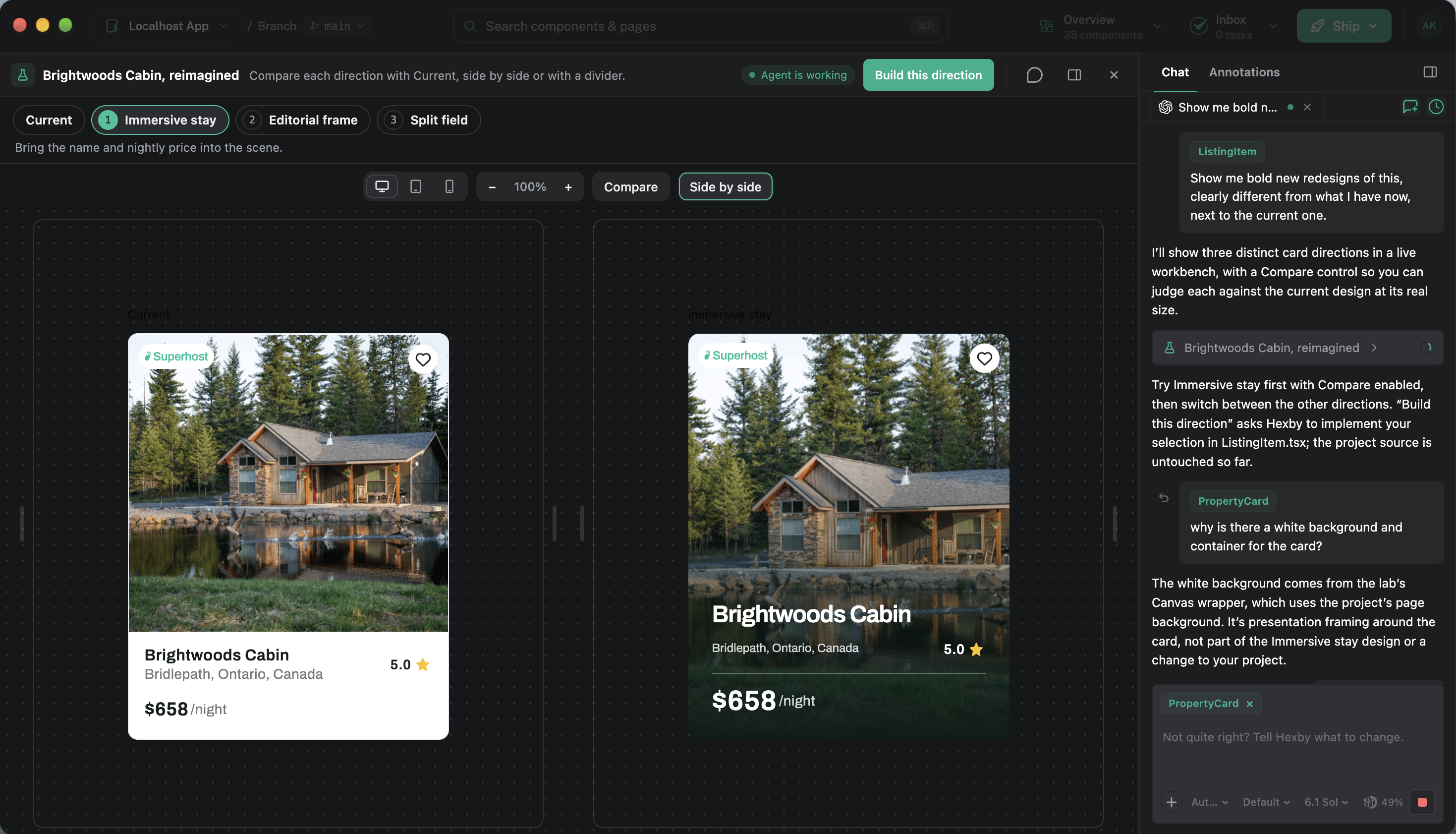 Explore with Hexby comparing the current cabin card with an alternative design direction side by side