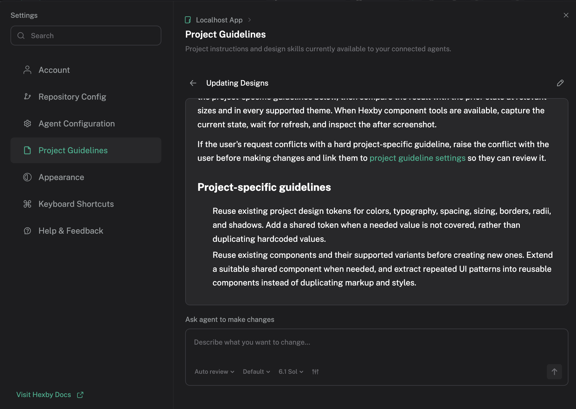 Hexby Project Guidelines showing design instructions and reusable project design rules in Settings