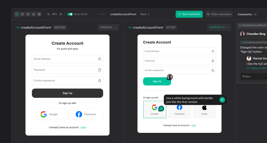 The Hexby Review view comparing before and after of a Create Account form, with a pinned annotation on the Google button.