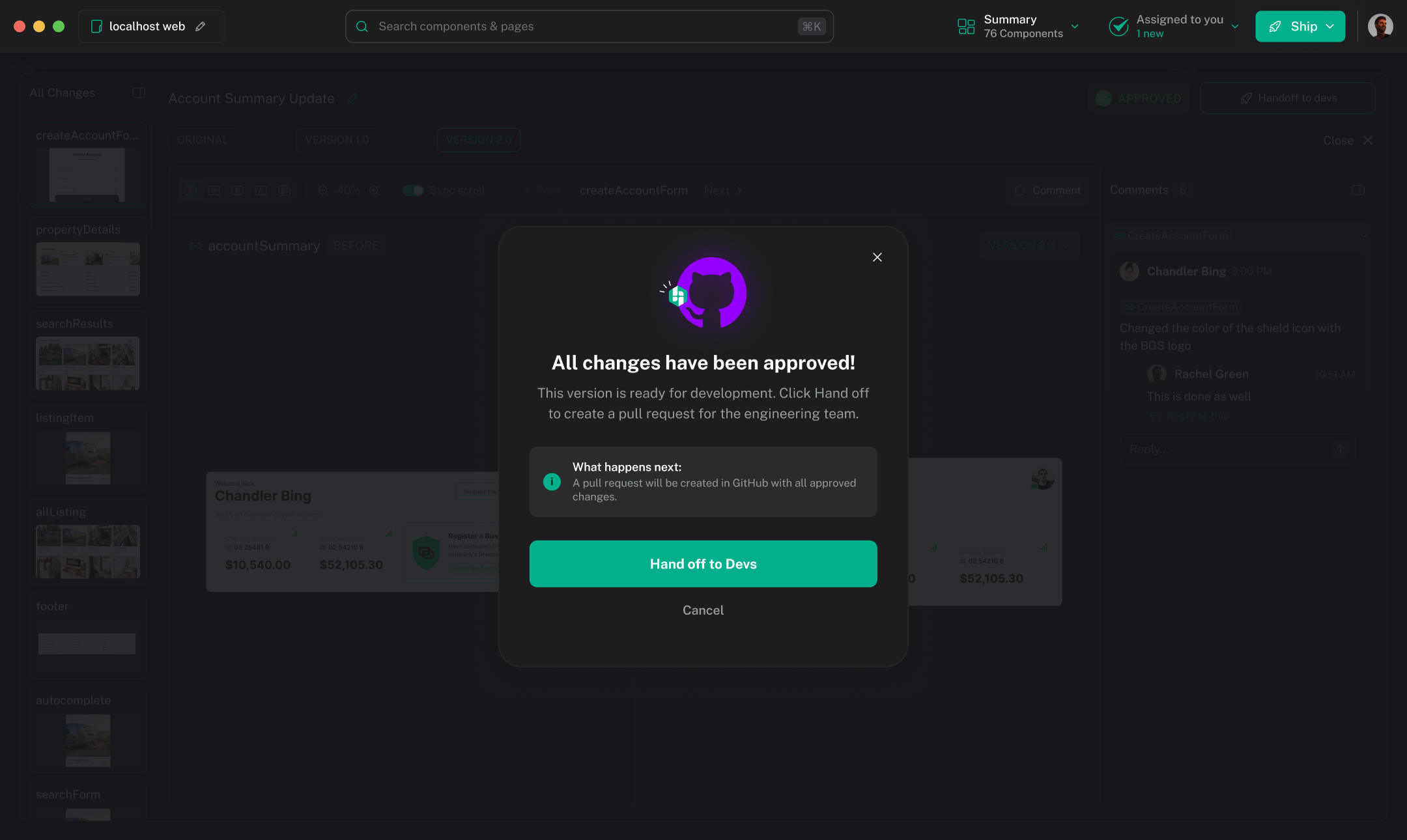 The Hexby Review view with all changes approved and the Hand off to Devs dialog ready to create a GitHub pull request.
