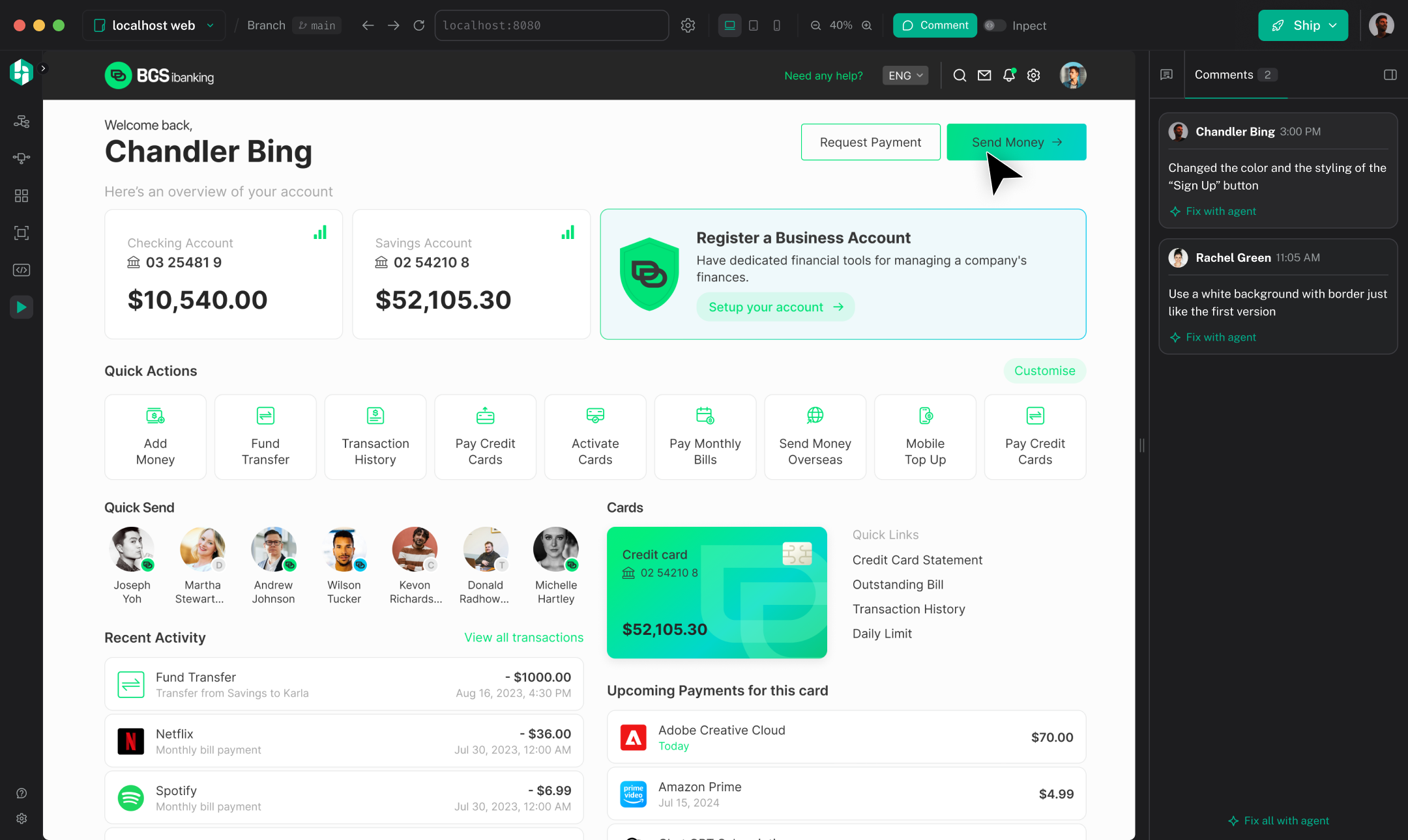 A live product preview with an annotation on a card and agent-ready review notes in the sidebar.