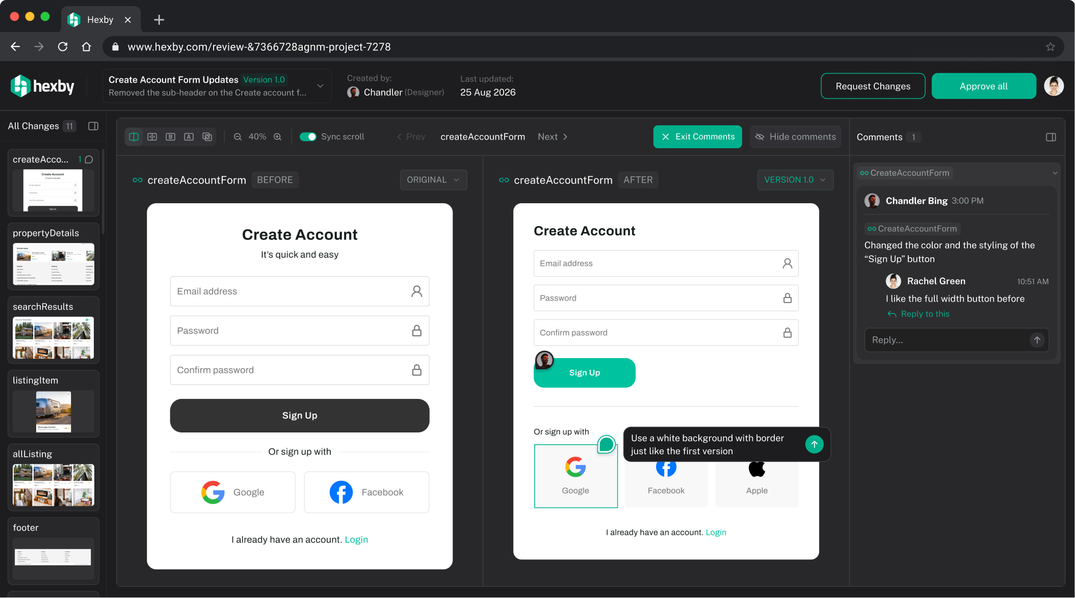 A Hexby review in the browser: createAccountForm before and after side by side, changed components on the left, and annotations on the right asking for a white Sign Up button and a bordered social-sign-in row.
